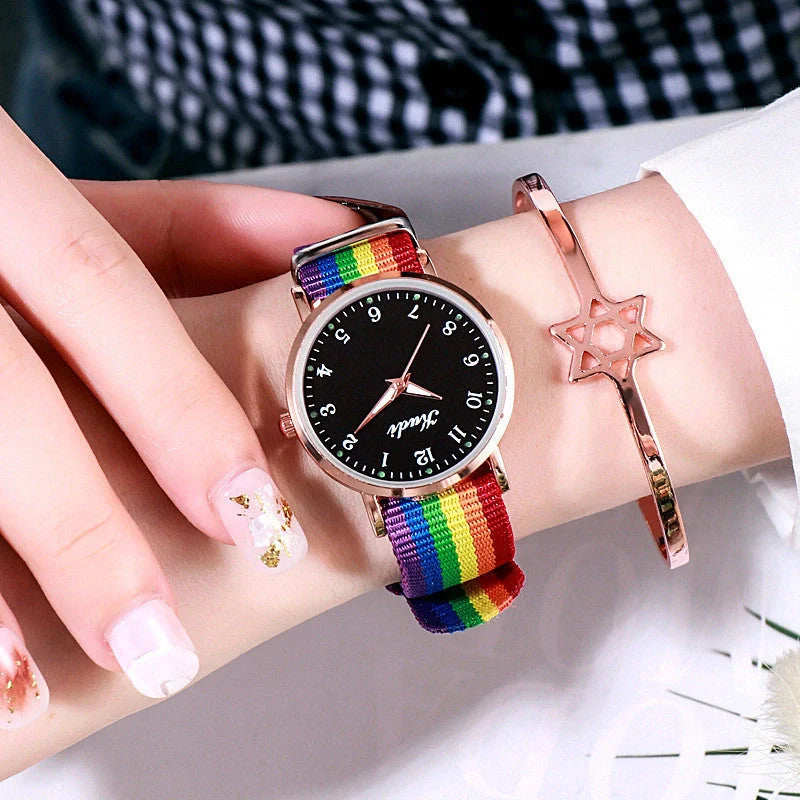 Luminous Starry Sky Watch with rainbow canvas strap for ladies, 36mm dial