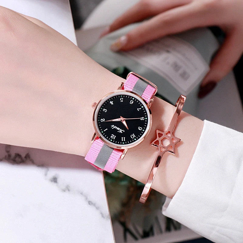 Luminous Starry Sky Watch with rainbow canvas strap for ladies, 36mm dial