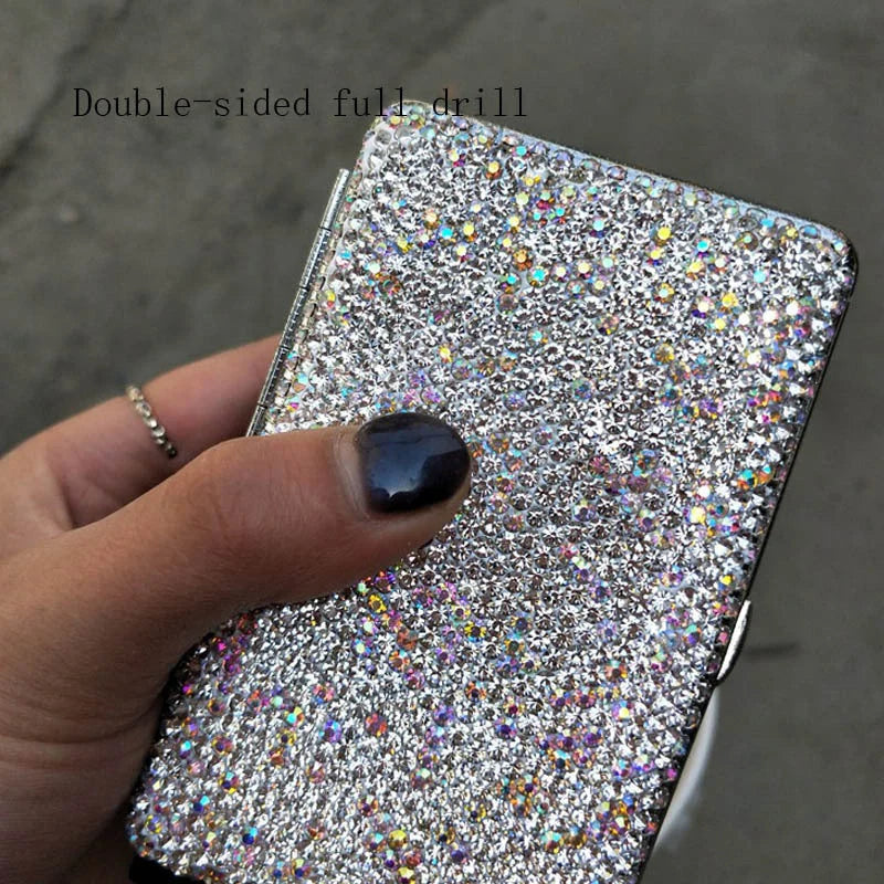 Handmade diamond rhinestone cigarette case for women in white metal