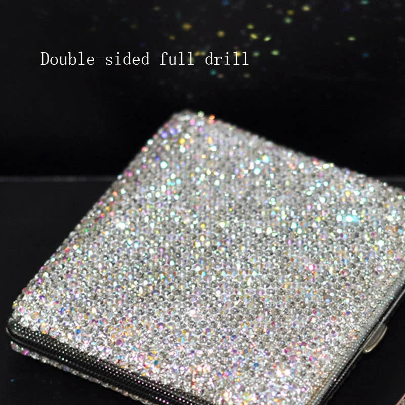 Handmade diamond rhinestone cigarette case for women in white metal