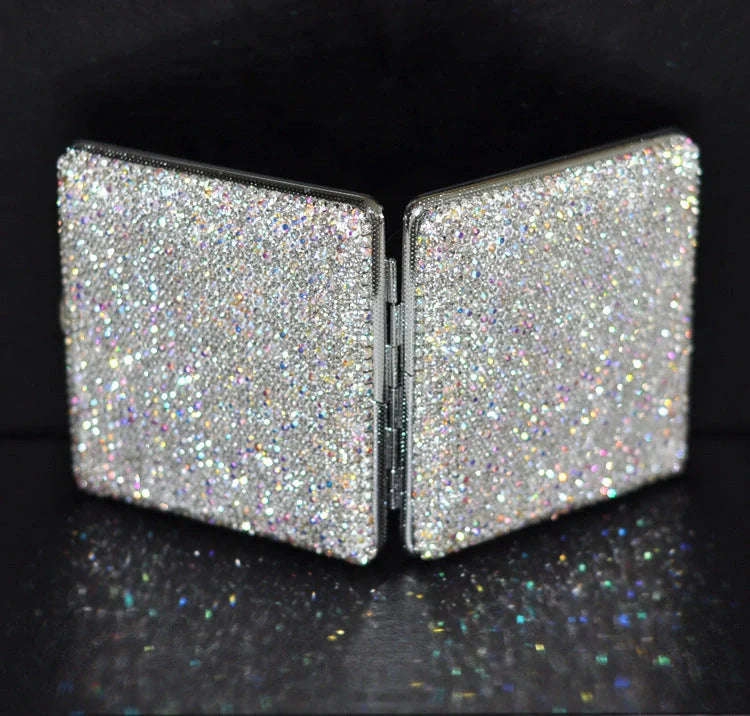 Handmade diamond rhinestone cigarette case for women in white metal