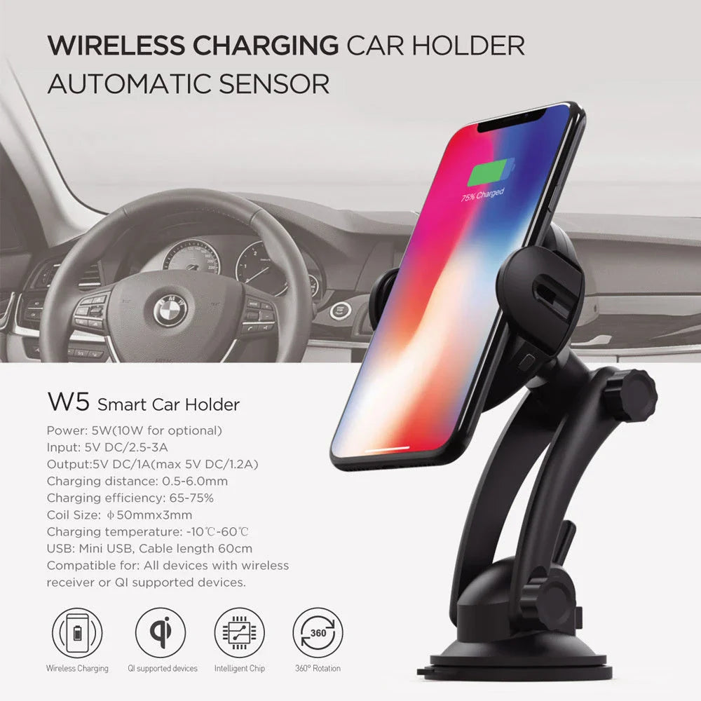 Magnetic car phone holder with wireless charging for smartphones, providing a secure and convenient in-car mount solution.