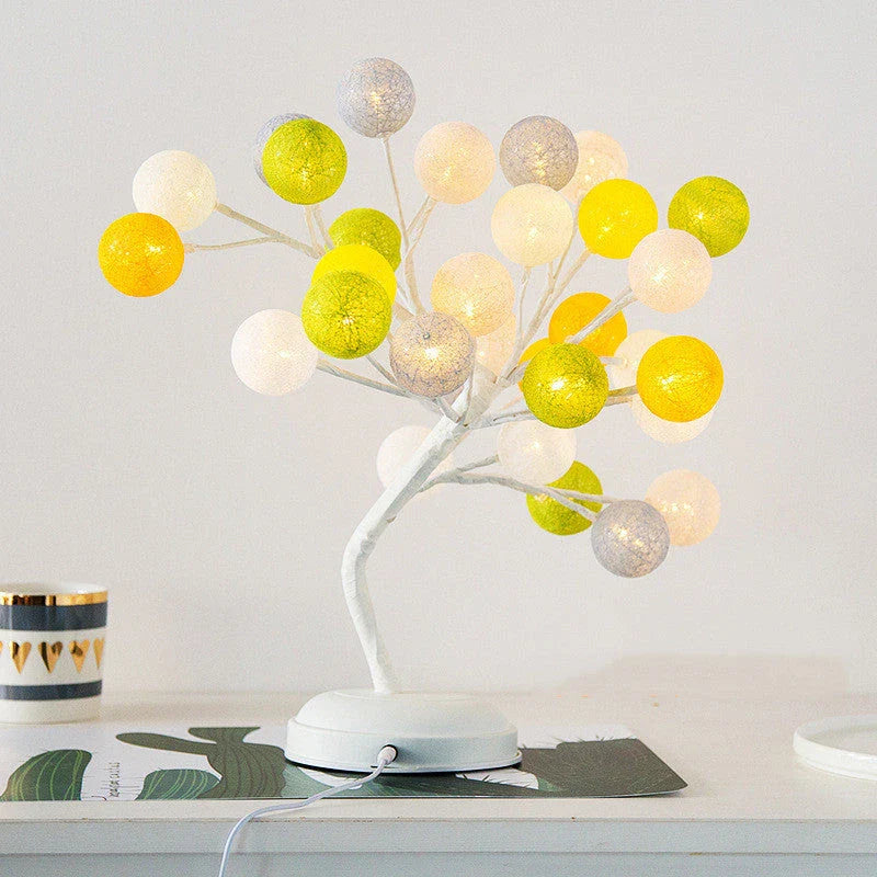 Enchanting LED cotton ball tree table lamp with adjustable branches and warm, glowing cotton ball lights