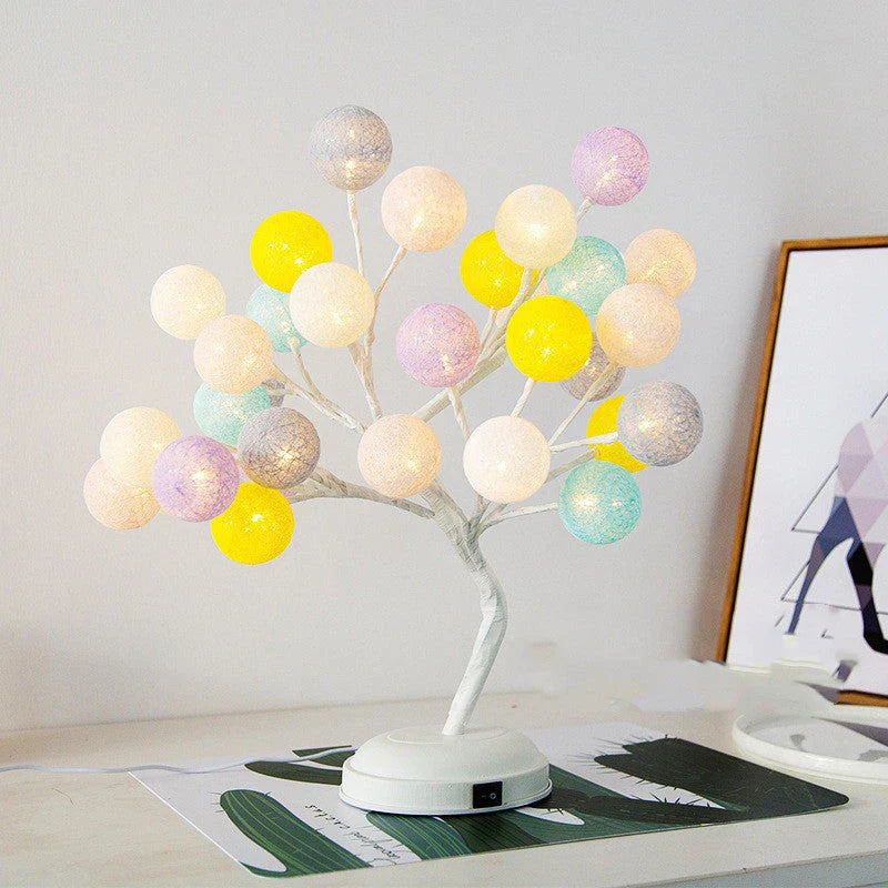 Enchanting LED cotton ball tree table lamp with adjustable branches and warm, glowing cotton ball lights
