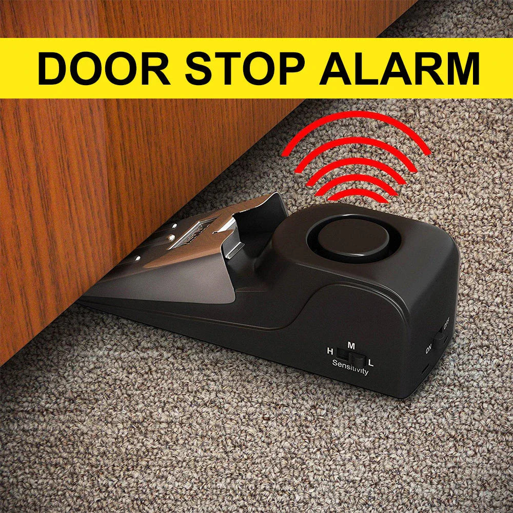 Wedge-shaped home security alarm with ABS construction and loud siren to deter intruders
