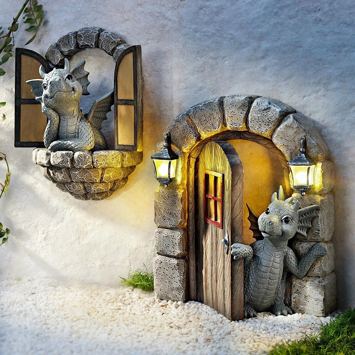 Enchanting resin garden ornaments with a curious dinosaur and warm solar lanterns, perfect for outdoor decor