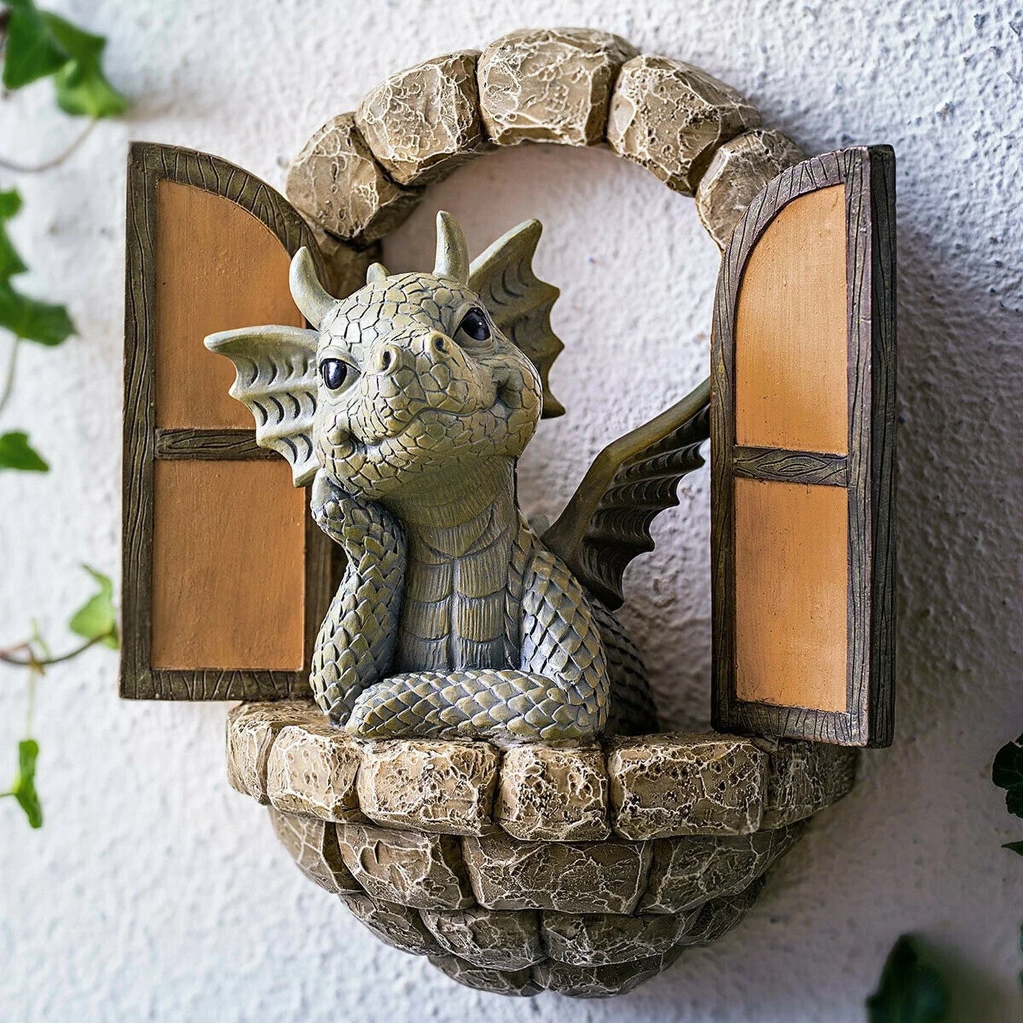 Enchanting resin garden ornaments with a curious dinosaur and warm solar lanterns, perfect for outdoor decor