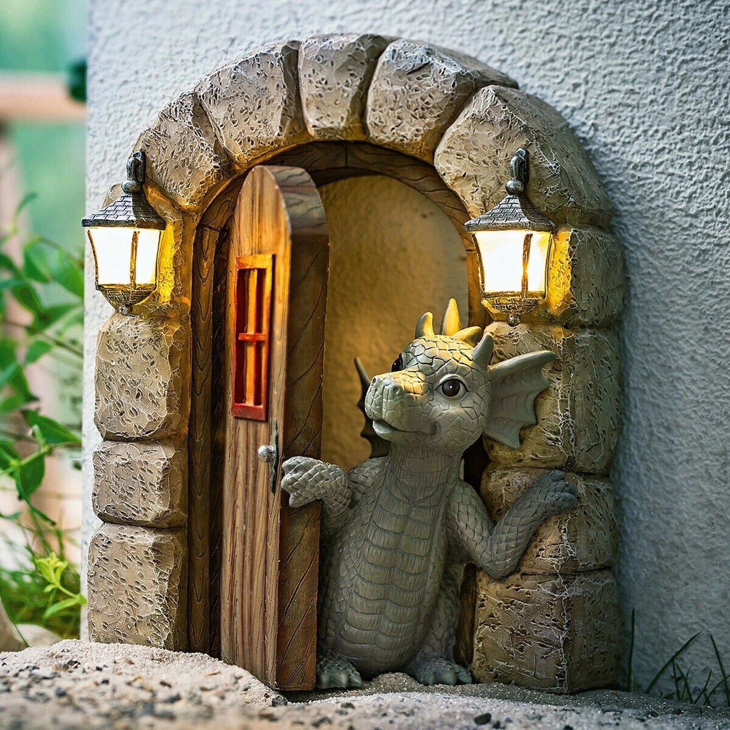 Enchanting resin garden ornaments with a curious dinosaur and warm solar lanterns, perfect for outdoor decor