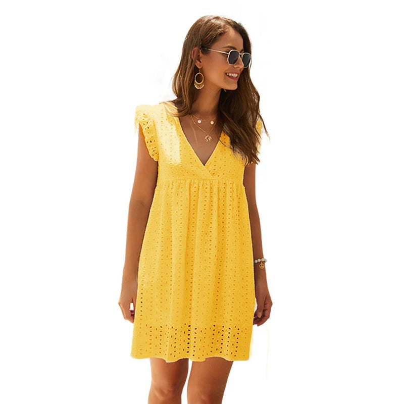 Chic Ruffle V-Neck Cotton Mini Dress