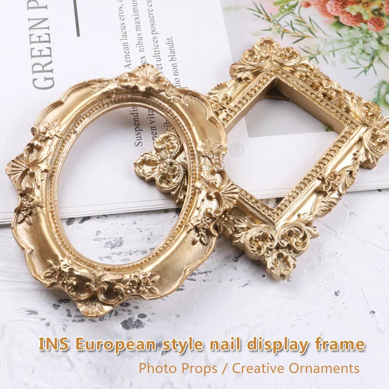 Golden Retro Photo Frame displaying jewellery and art in a Nordic-style resin design