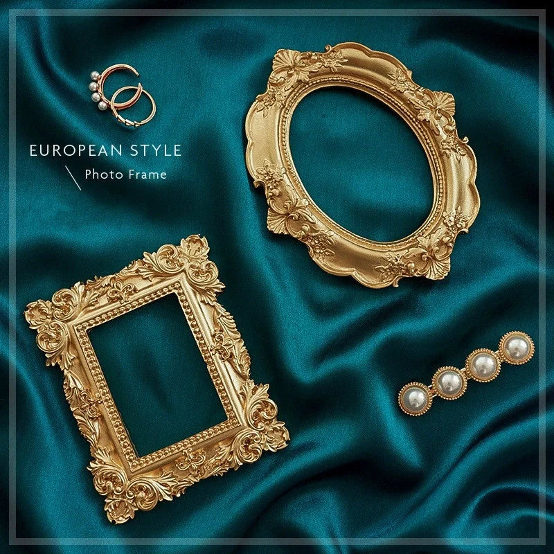 Golden Retro Photo Frame displaying jewellery and art in a Nordic-style resin design