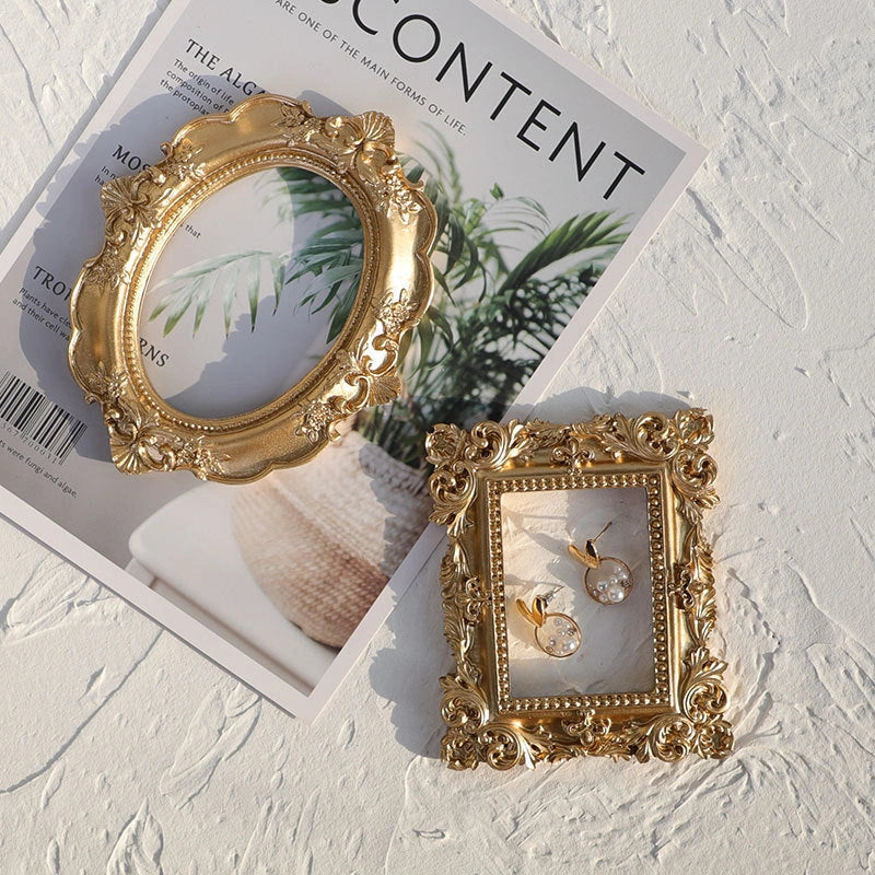Golden Retro Photo Frame displaying jewellery and art in a Nordic-style resin design