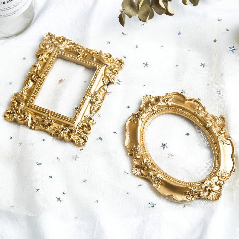 Golden Retro Photo Frame displaying jewellery and art in a Nordic-style resin design