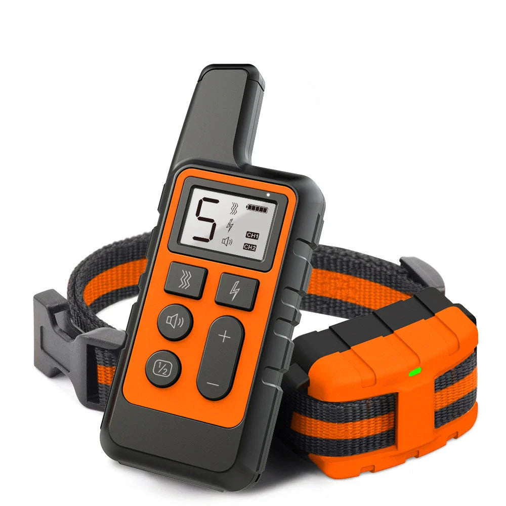 Remote-controlled anti-bark dog training collar with adjustable settings and 800-yard range