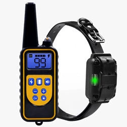 Remote-controlled anti-bark dog training collar with adjustable settings and 800-yard range