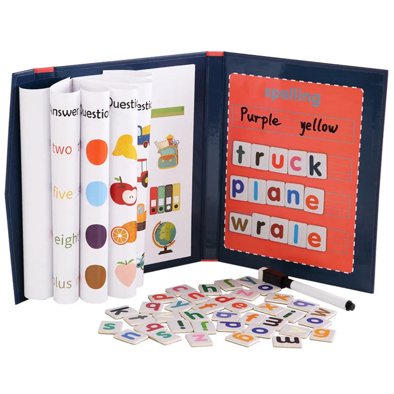 Magnetic learning workbook with wooden construction and colorful magnetic letters and words for elementary school students