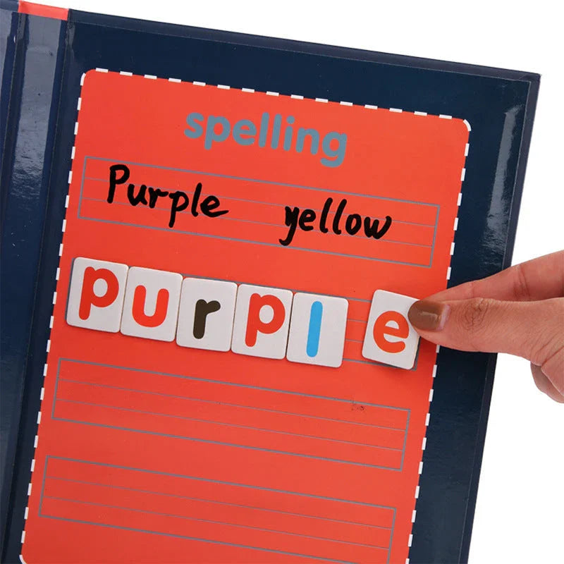 Magnetic learning workbook with wooden construction and colorful magnetic letters and words for elementary school students