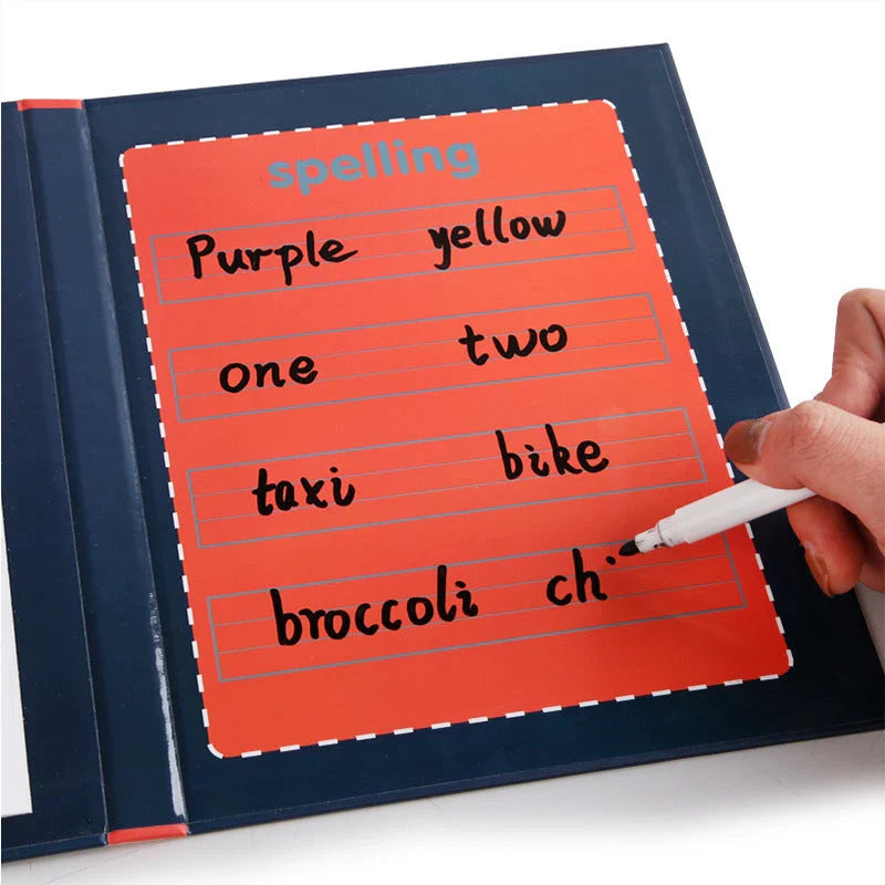 Magnetic learning workbook with wooden construction and colorful magnetic letters and words for elementary school students