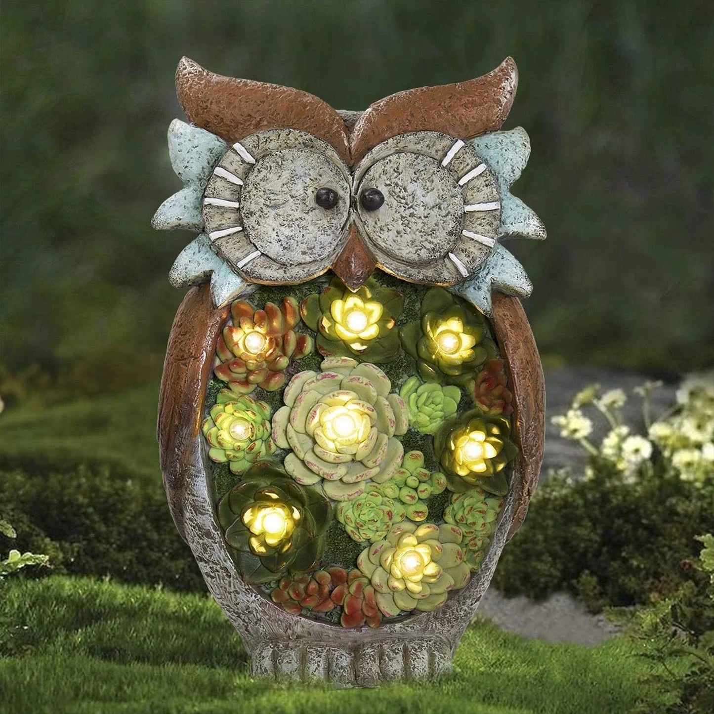 A charming solar-powered outdoor owl light made of high-quality resin, providing warm illumination for your yard or garden