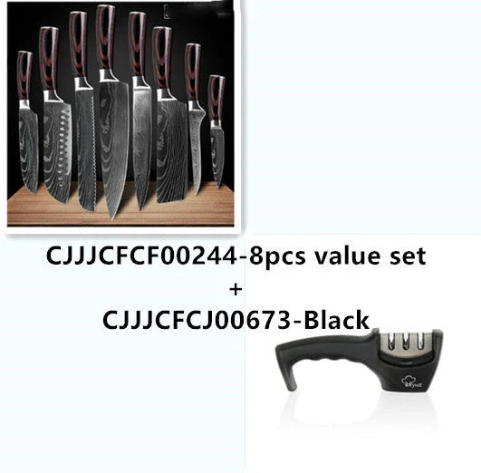 Premium 8-Piece Damascus Steel Kitchen Knife Set with Razor-Sharp Blades and Ergonomic Wooden Handles
