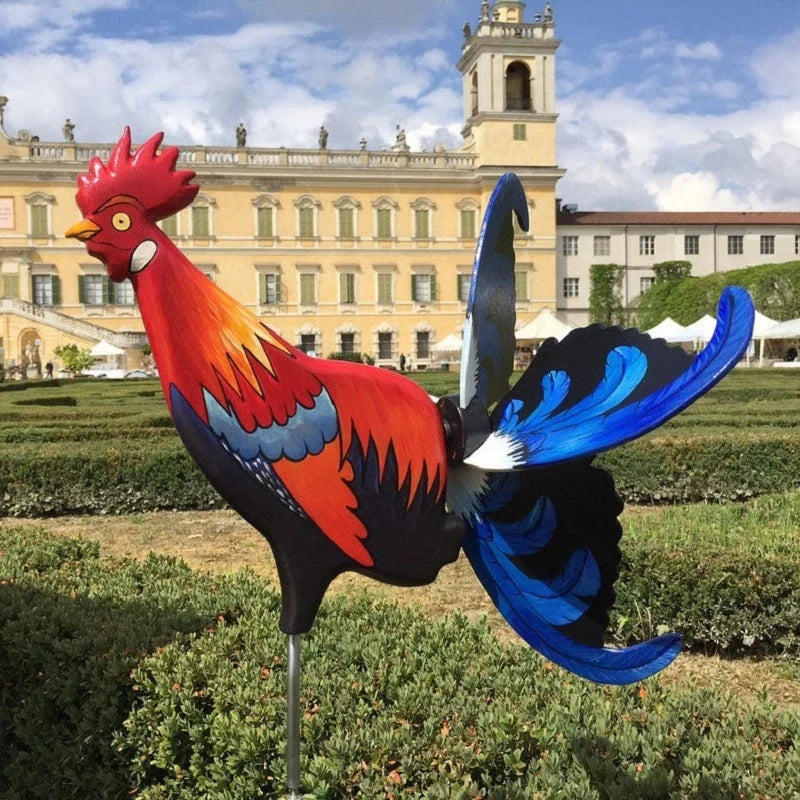 Handmade rooster windmill garden statue with vivid colours and waterproof features