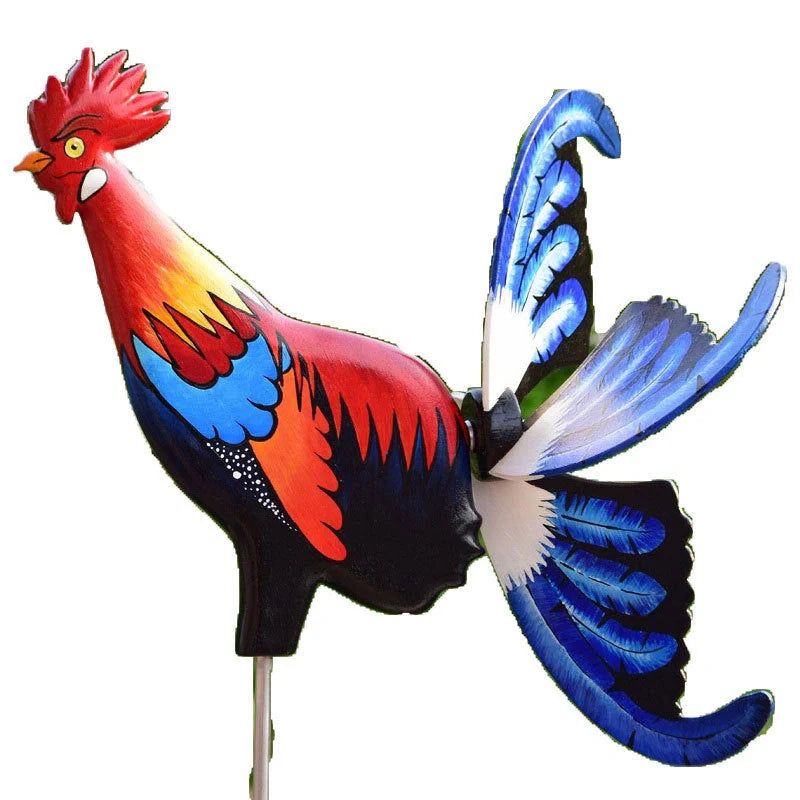Handmade rooster windmill garden statue with vivid colours and waterproof features