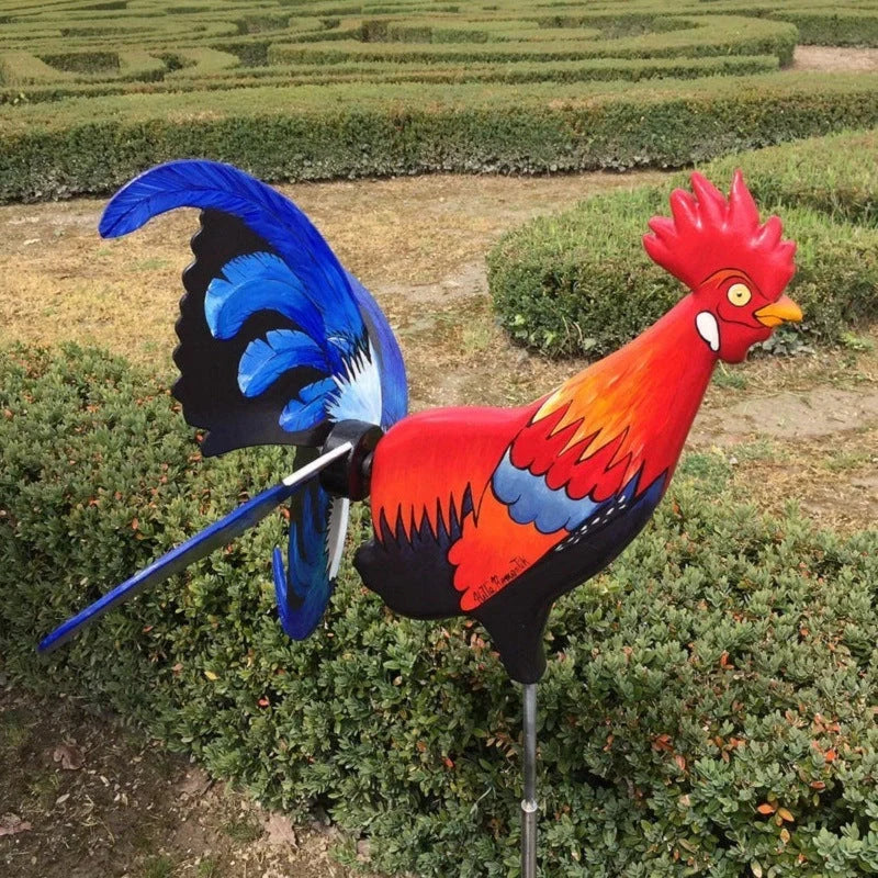 Handmade rooster windmill garden statue with vivid colours and waterproof features