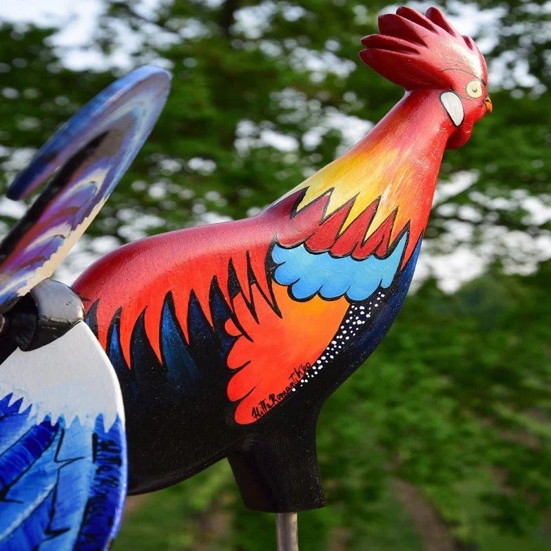 Handmade rooster windmill garden statue with vivid colours and waterproof features