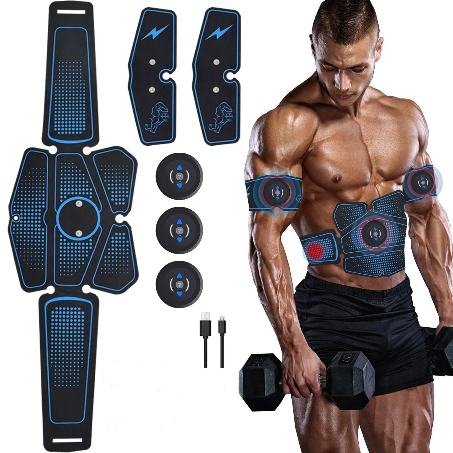 Smart Abdominal Exercise Equipment in black and blue with controllers and accessories