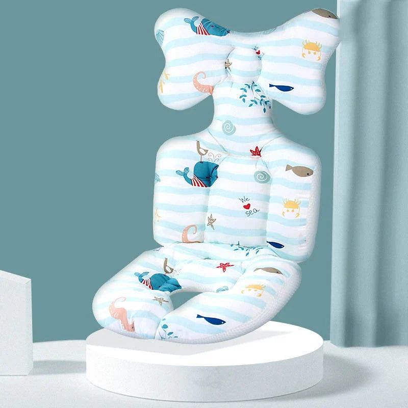 A soft, padded cotton stroller cushion in various colorful, gender-neutral patterns to keep a baby comfortable and supported.