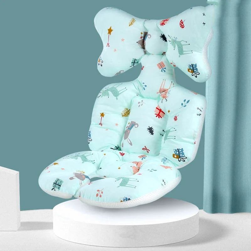 A soft, padded cotton stroller cushion in various colorful, gender-neutral patterns to keep a baby comfortable and supported.