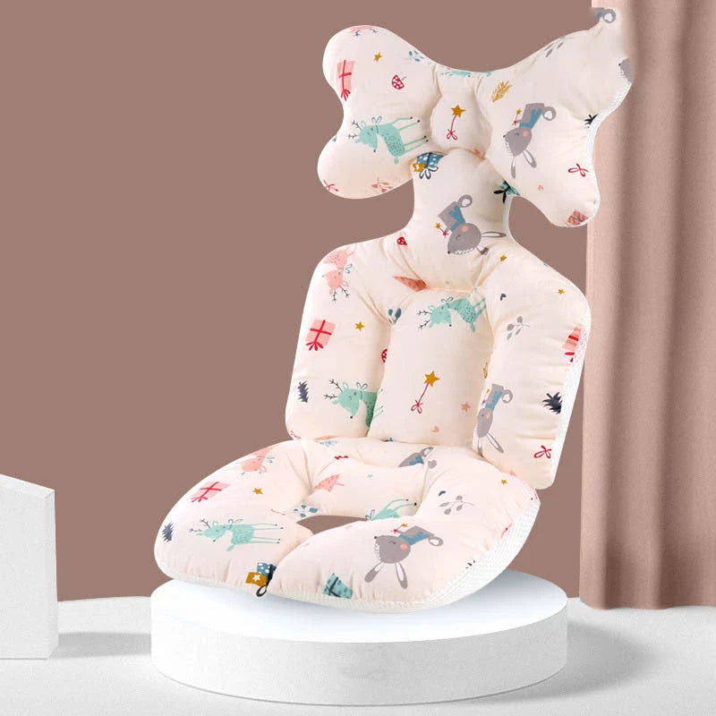 A soft, padded cotton stroller cushion in various colorful, gender-neutral patterns to keep a baby comfortable and supported.