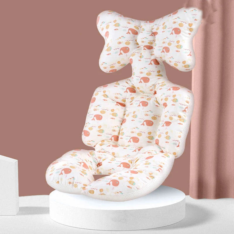 A soft, padded cotton stroller cushion in various colorful, gender-neutral patterns to keep a baby comfortable and supported.