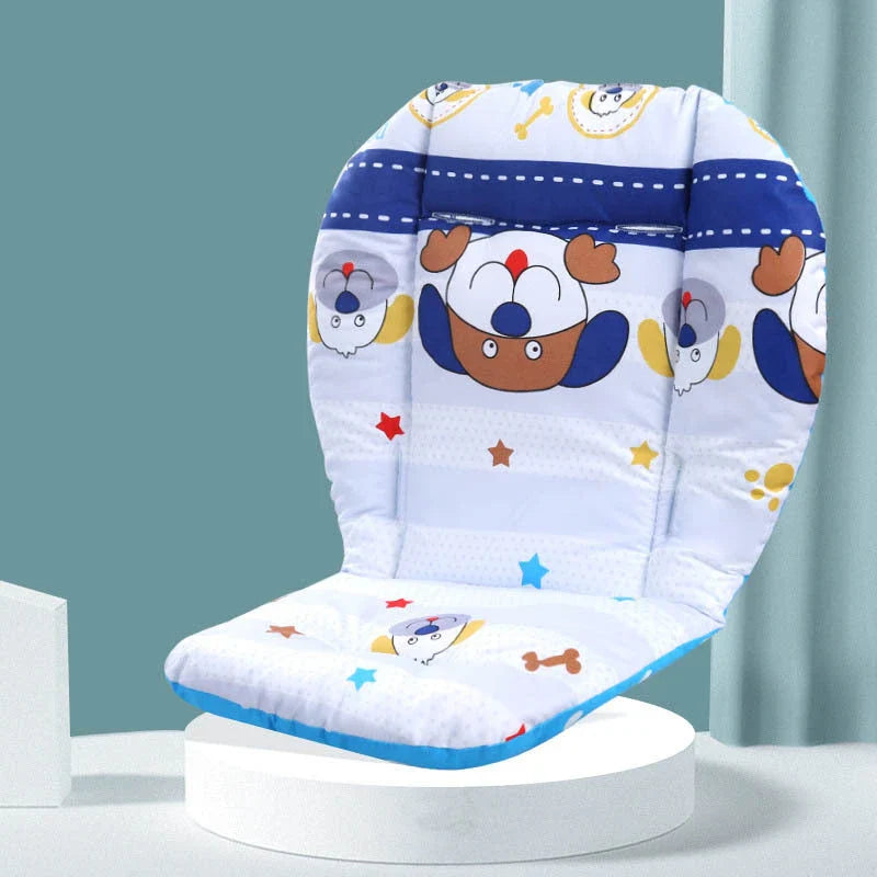 A soft, padded cotton stroller cushion in various colorful, gender-neutral patterns to keep a baby comfortable and supported.