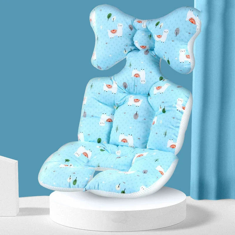 A soft, padded cotton stroller cushion in various colorful, gender-neutral patterns to keep a baby comfortable and supported.