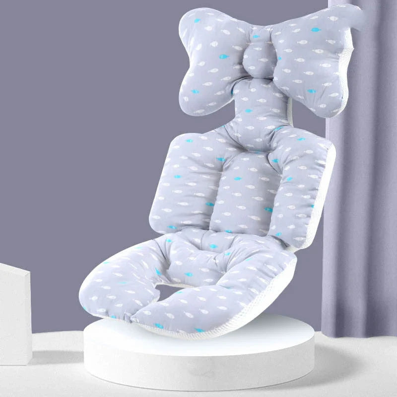 A soft, padded cotton stroller cushion in various colorful, gender-neutral patterns to keep a baby comfortable and supported.