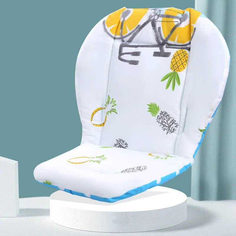 A soft, padded cotton stroller cushion in various colorful, gender-neutral patterns to keep a baby comfortable and supported.