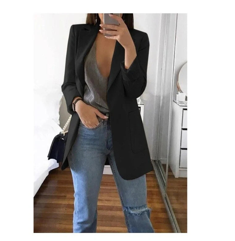 A tailored slim-fit cardigan blazer in various colours, featuring a classic suit collar and long sleeves for a refined, professional look.