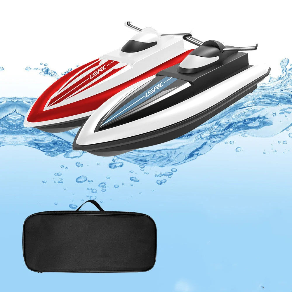 High-speed RC racing boat in black and red with dual motor and waterproof design