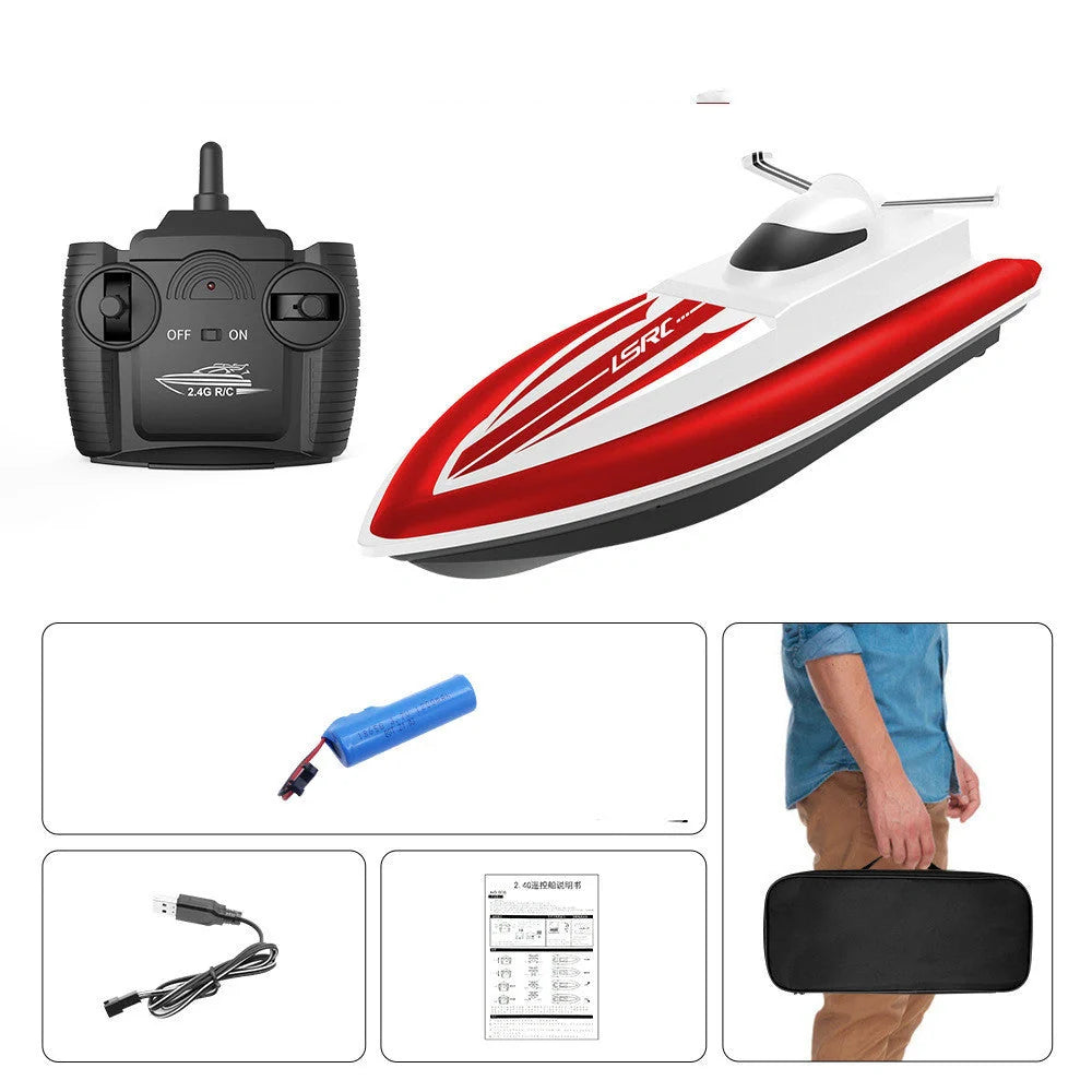 High-speed RC racing boat in black and red with dual motor and waterproof design
