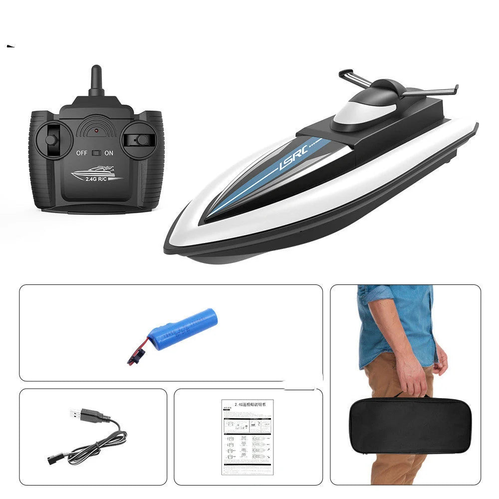 High-speed RC racing boat in black and red with dual motor and waterproof design