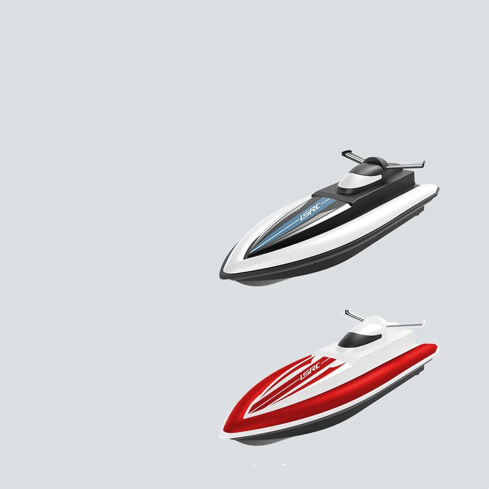 High-speed RC racing boat in black and red with dual motor and waterproof design