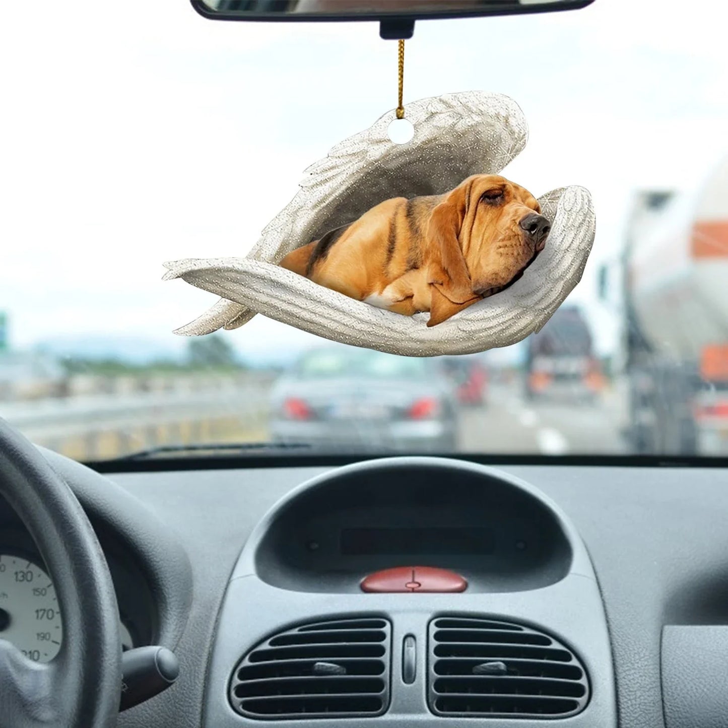 Charming sleeping dog angel acrylic car pendant decoration with a whimsical design