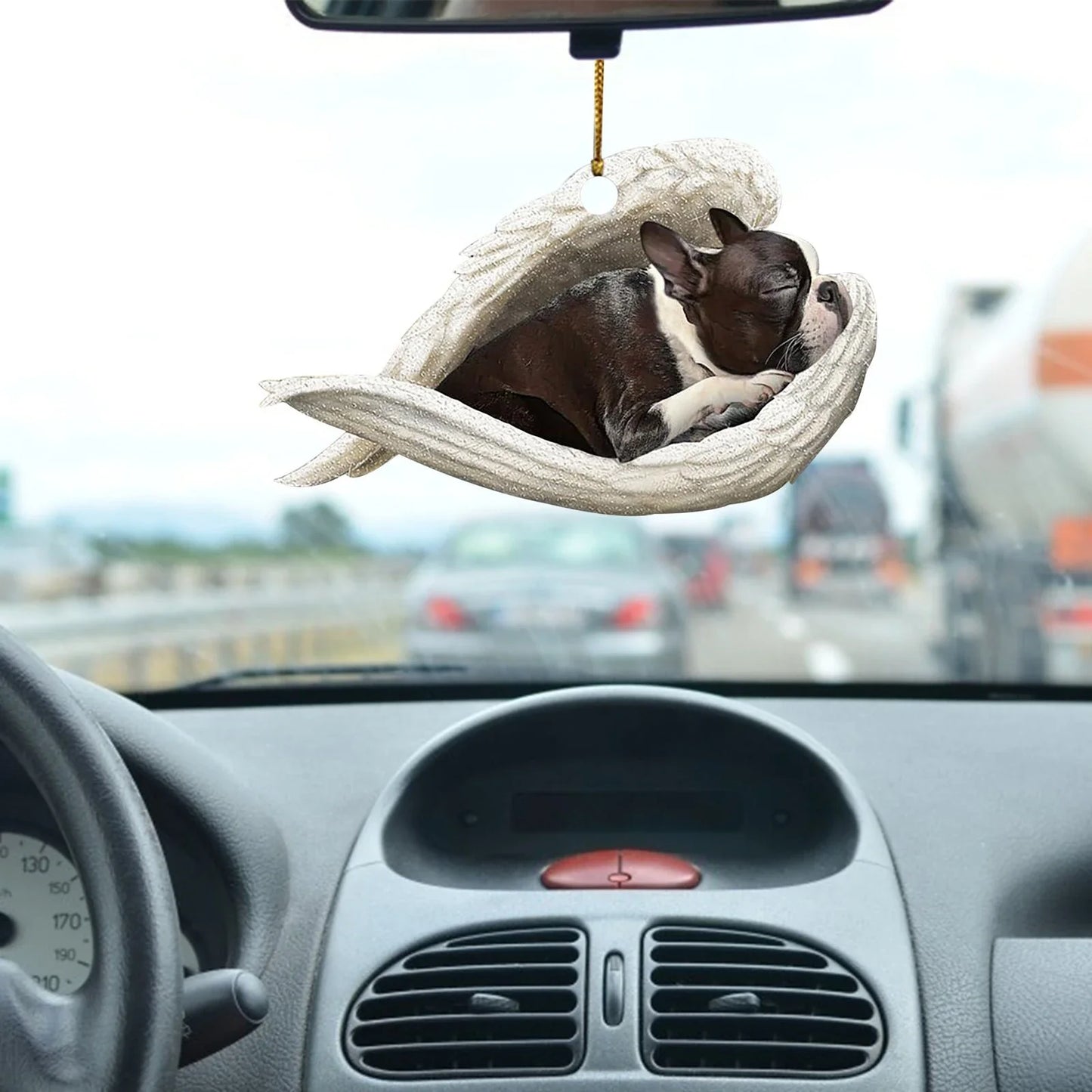 Charming sleeping dog angel acrylic car pendant decoration with a whimsical design