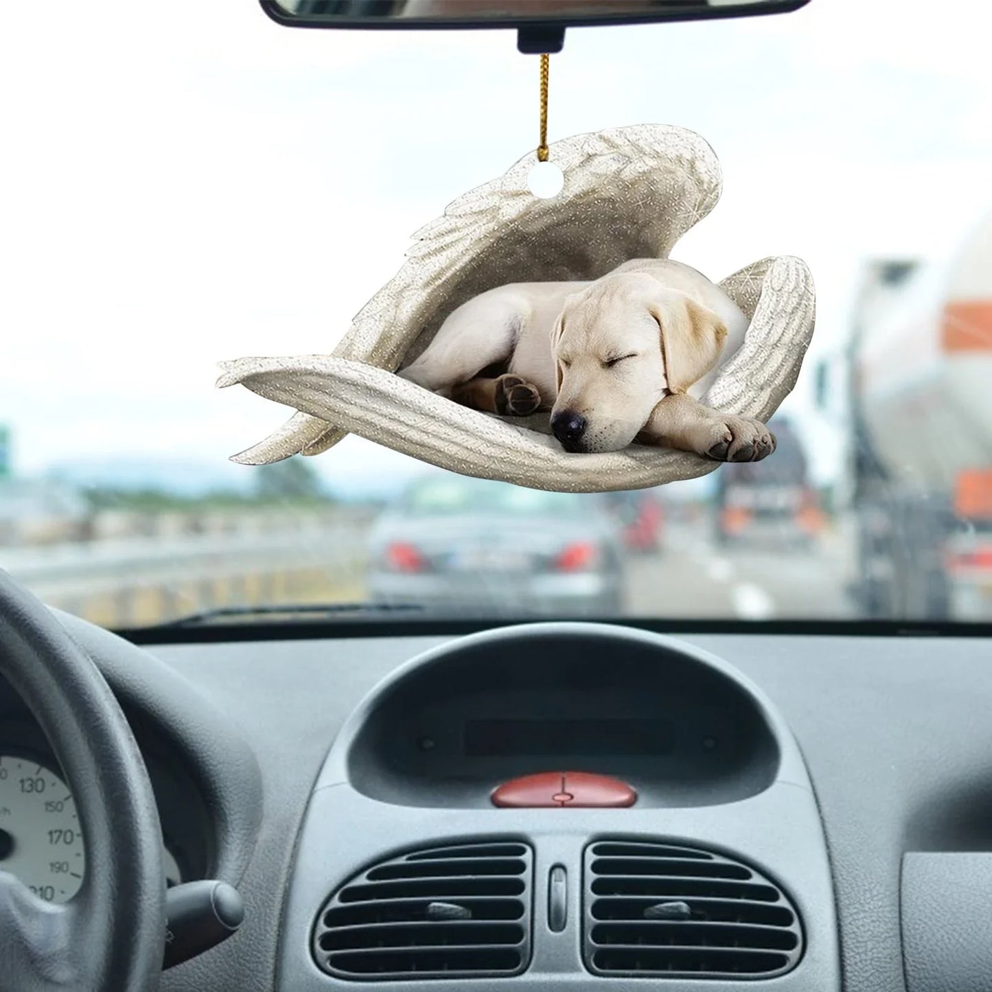 Charming sleeping dog angel acrylic car pendant decoration with a whimsical design
