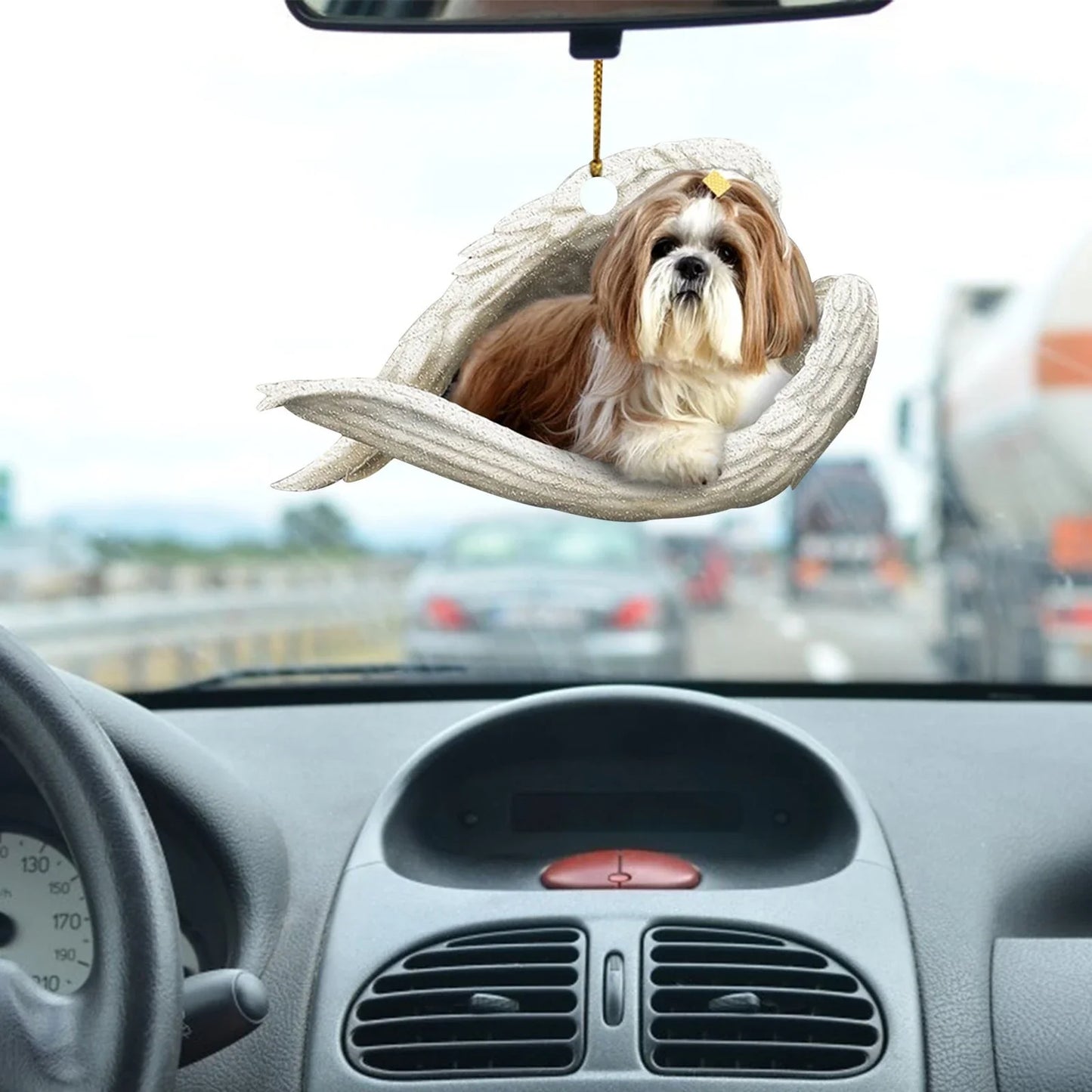 Charming sleeping dog angel acrylic car pendant decoration with a whimsical design