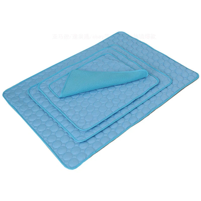 Pet Summer Portable Ice Silk Cooling Pad in various colors and sizes