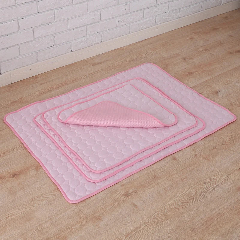 Pet Summer Portable Ice Silk Cooling Pad in various colors and sizes