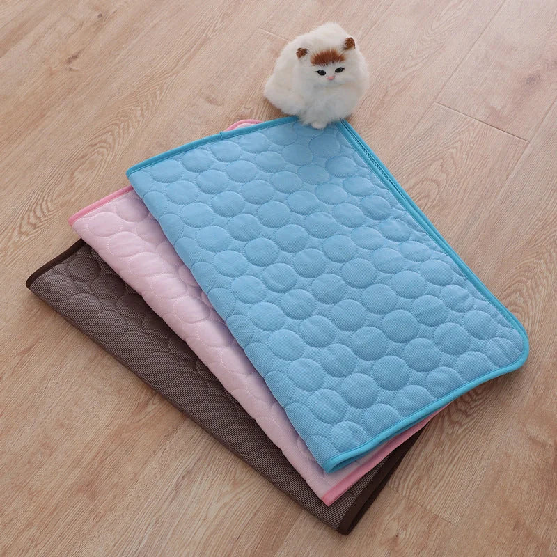 Pet Summer Portable Ice Silk Cooling Pad in various colors and sizes