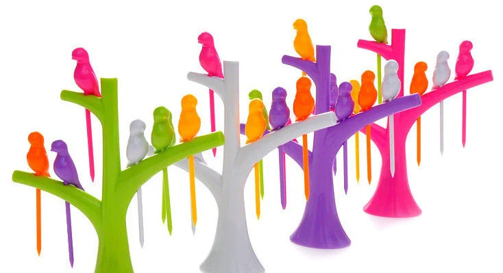 Kids' plastic fruit forks with tree and birds design in vibrant colours